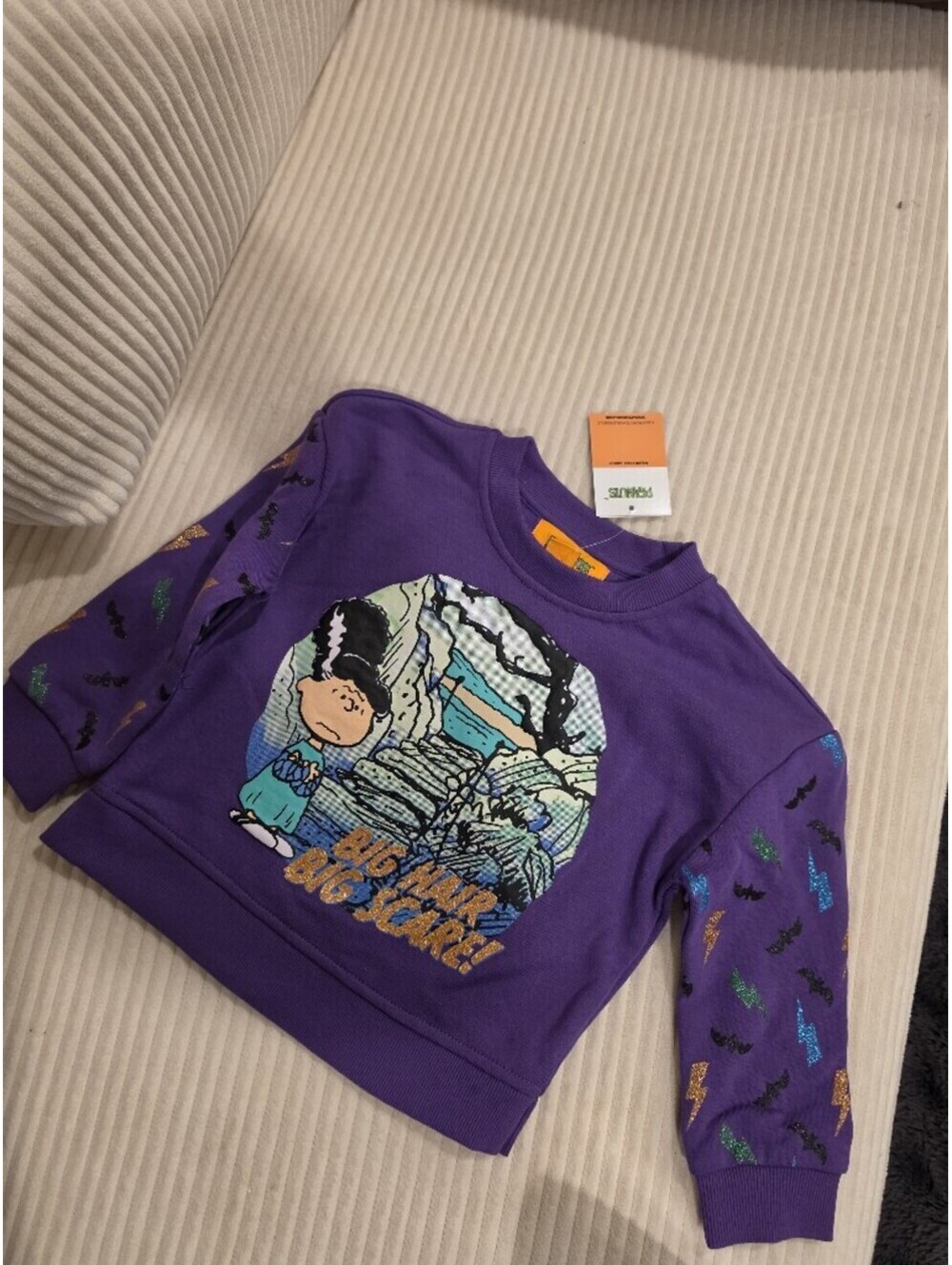 Peanuts Purple Girls' Graphic Sweatshirt with Glitter Bat Sleeves - Size 6-7